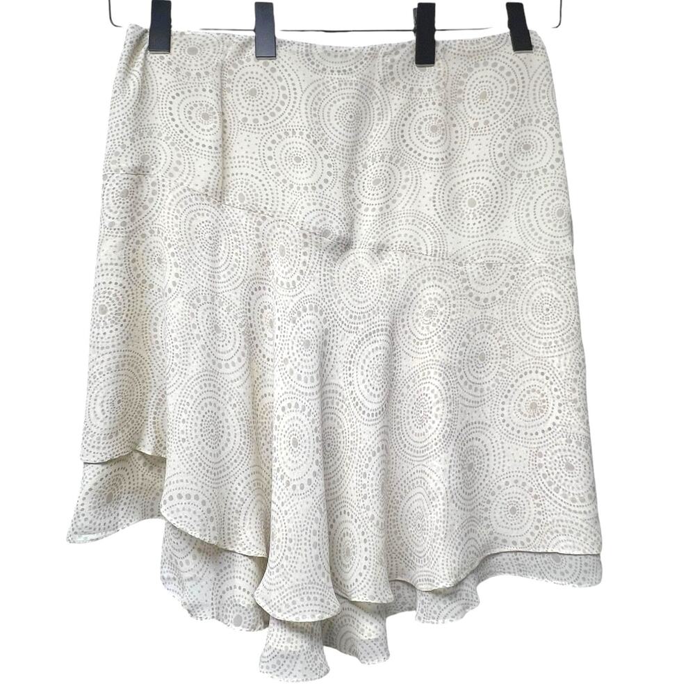 Calvin Klein Beige Silk Short Skirt Size 12 Lined Asymmetric Tiered Circle Print